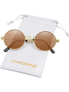 Chrorine Women's Gold Frame Brown Lens Hippie Round 70s Retro Sun Glasses